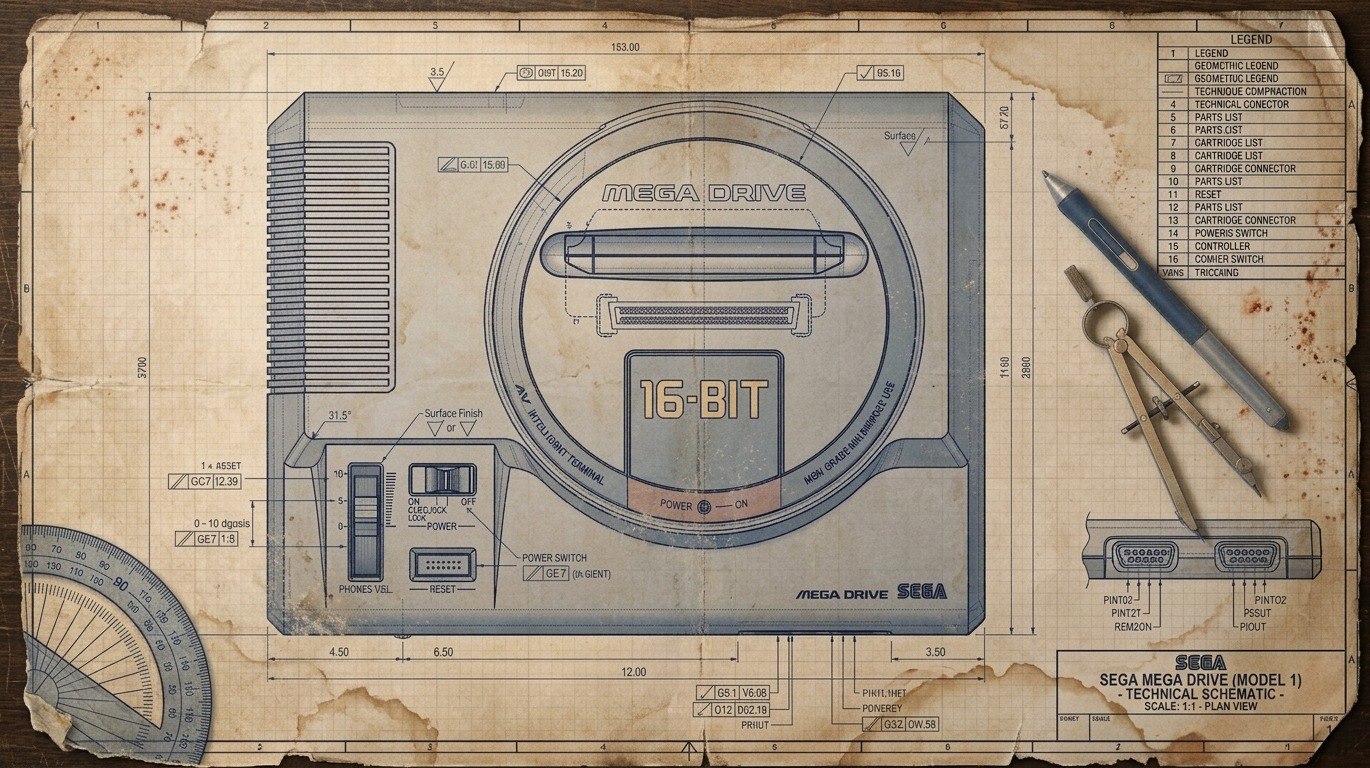 Esquema técnico envelhecido do Sega Mega Drive (Model 1), com anotações de engenharia