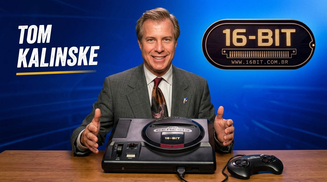 Tom Kalinske, presidente da Sega of America, ao lado de um Sega Genesis